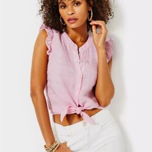 Lilly Pulitzer BRIETTE BUTTON DOWN URCHIN PINK Ruffled Cap Sleeve Blouse